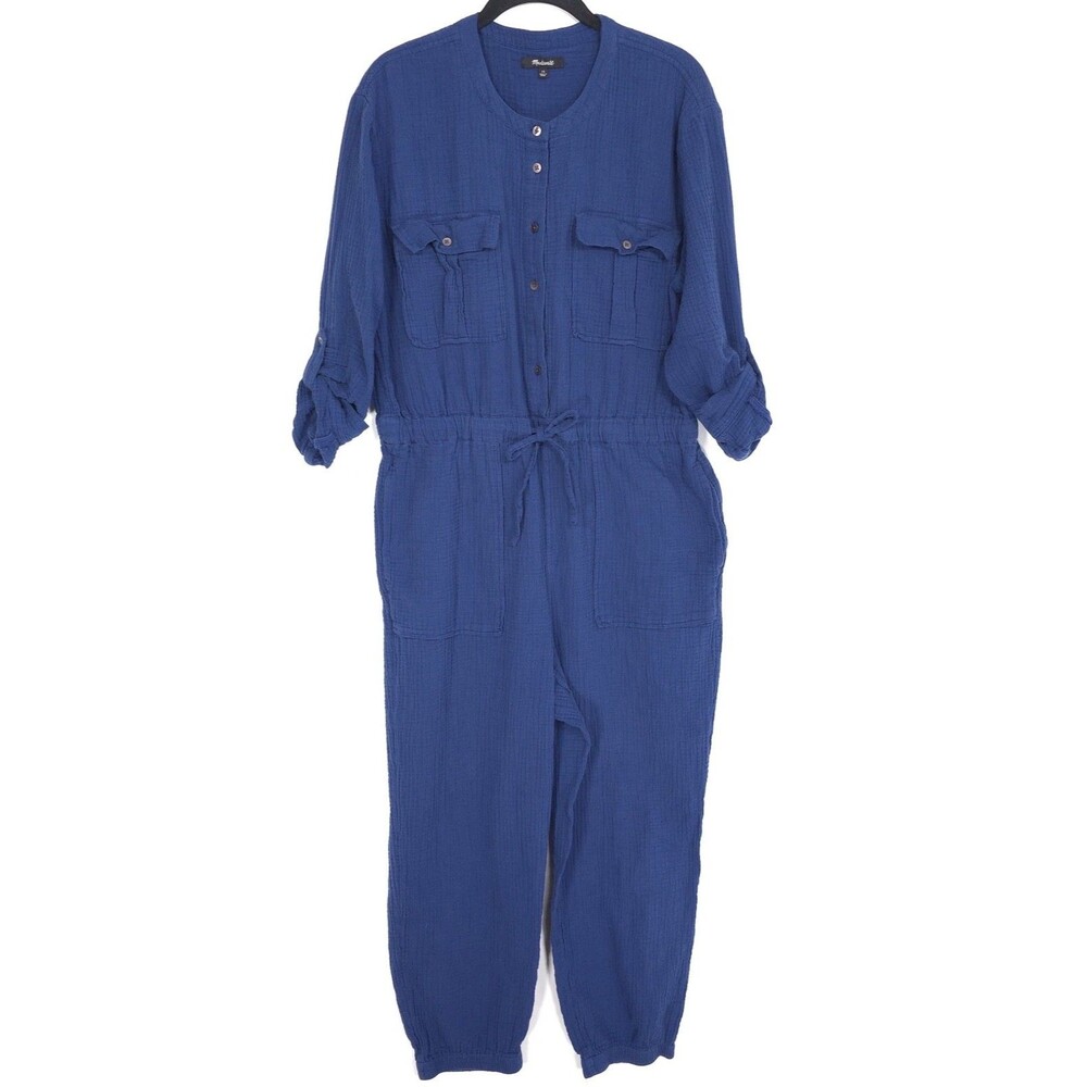 MADEWEL Blue 100% Cotton Jumpsuit Utility Button Front Pockets‎ Women's 14